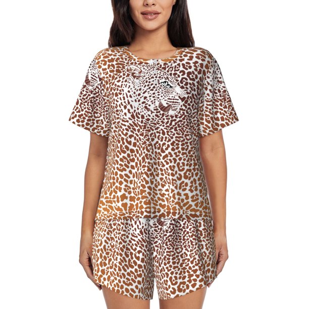 Fotbe Leopard Brown Conjunto de Pijama Estampado para Mujer, 2 Piezas, Ropa de Dormir con Camiseta de Manga Corta y Shorts Suaves-Small