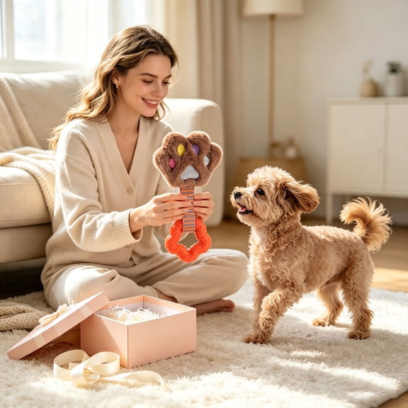 Plush Dog Chew Toy Paw Shaped Squeaky Puppy Play Toy Stuffed Plush Teething Toy With Rubber Ring Interactive Pet Play Toy For Small Medium Dogs