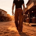 thumbnail image 2 of CONZONE Mens Western Cowboy Pants Wide Leg Tassel Suede Pants for Men Trendy Elastic Waist Funny Stage Performance Pant With Pockets, 2 of 7