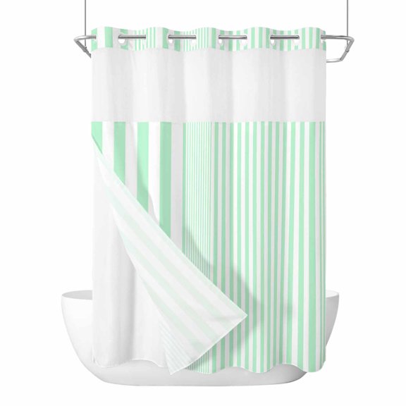 No Hook Shower Curtain, Green White Stripe Standard Shower Curtains with Snap in Liner, Modern Minimalist Geometric Striped Waterproof Washable Fabric Bathroom Curtain Sets, 60"W x 72"L