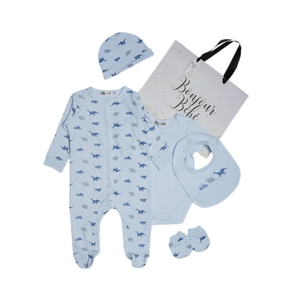 Bonjour Bebe Baby Dino Ensemble Layette 5 Pcs – Essentiels pour Bébé 100 % Coton, Dormeuse, Cache-Couche et Plus – Cadeau Adorable et Confortable pour Bébés Garçons et Filles