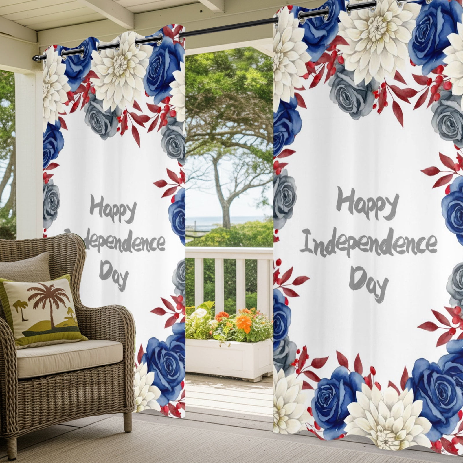 Happy Independence Day Outdoor Curtains for Patio, Red Blue Rose Dahlia Flower Sunshade Privacy Drapes Grommet Waterproof Outside Curtains for Porch/Cabana/Balcony 54"x 108", 1 Panel