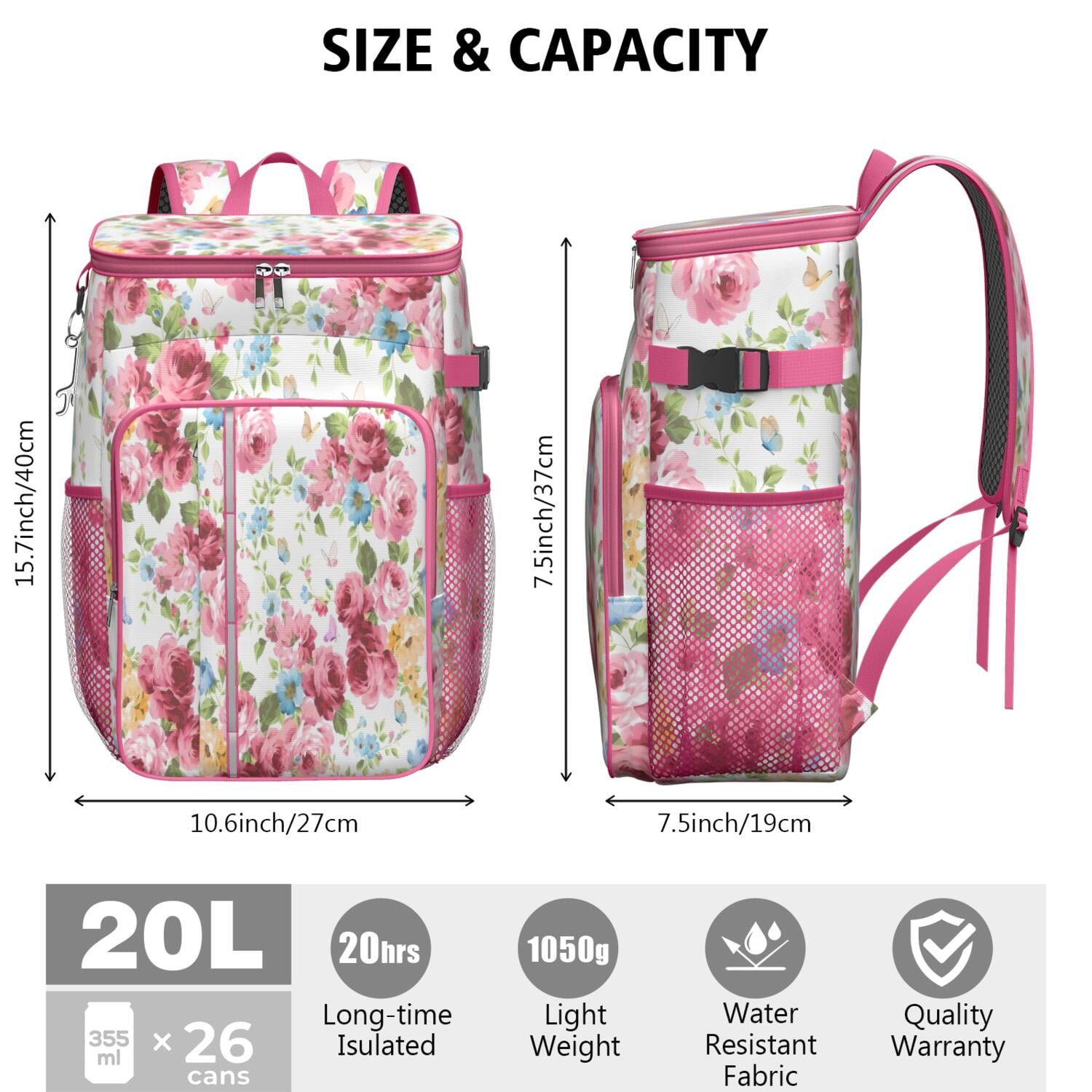 Travel Cooler Bag - Pioneer Flower Floral Print Pattern Camping Beer Cooler Backpack with Bottle Opener- Waterproof Insulated Picnic Backpacks - Cooler Bag for Beach