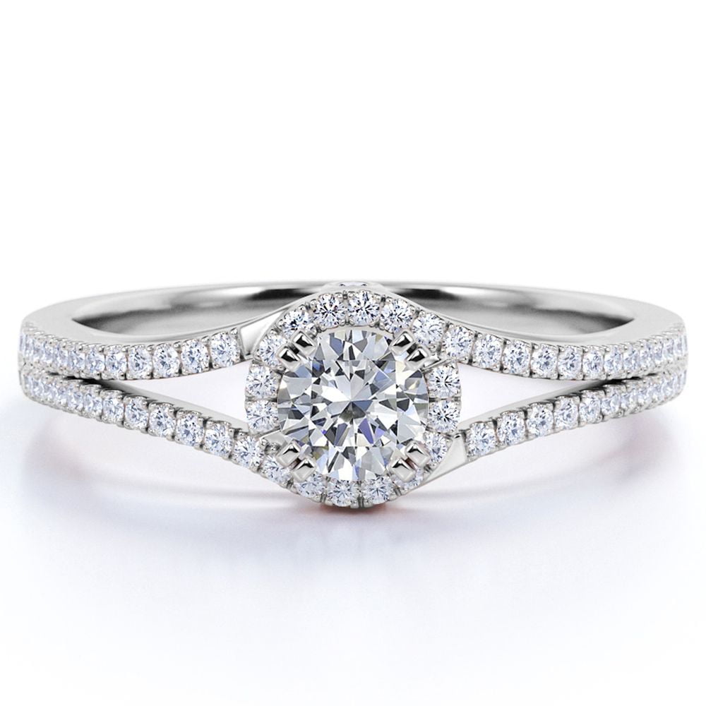 JeenMata Split Shank Halo 1.5 Carat Round Shaped Moissanite Pave Double Bezel Engagement Ring In White Gold Plating Over Silver