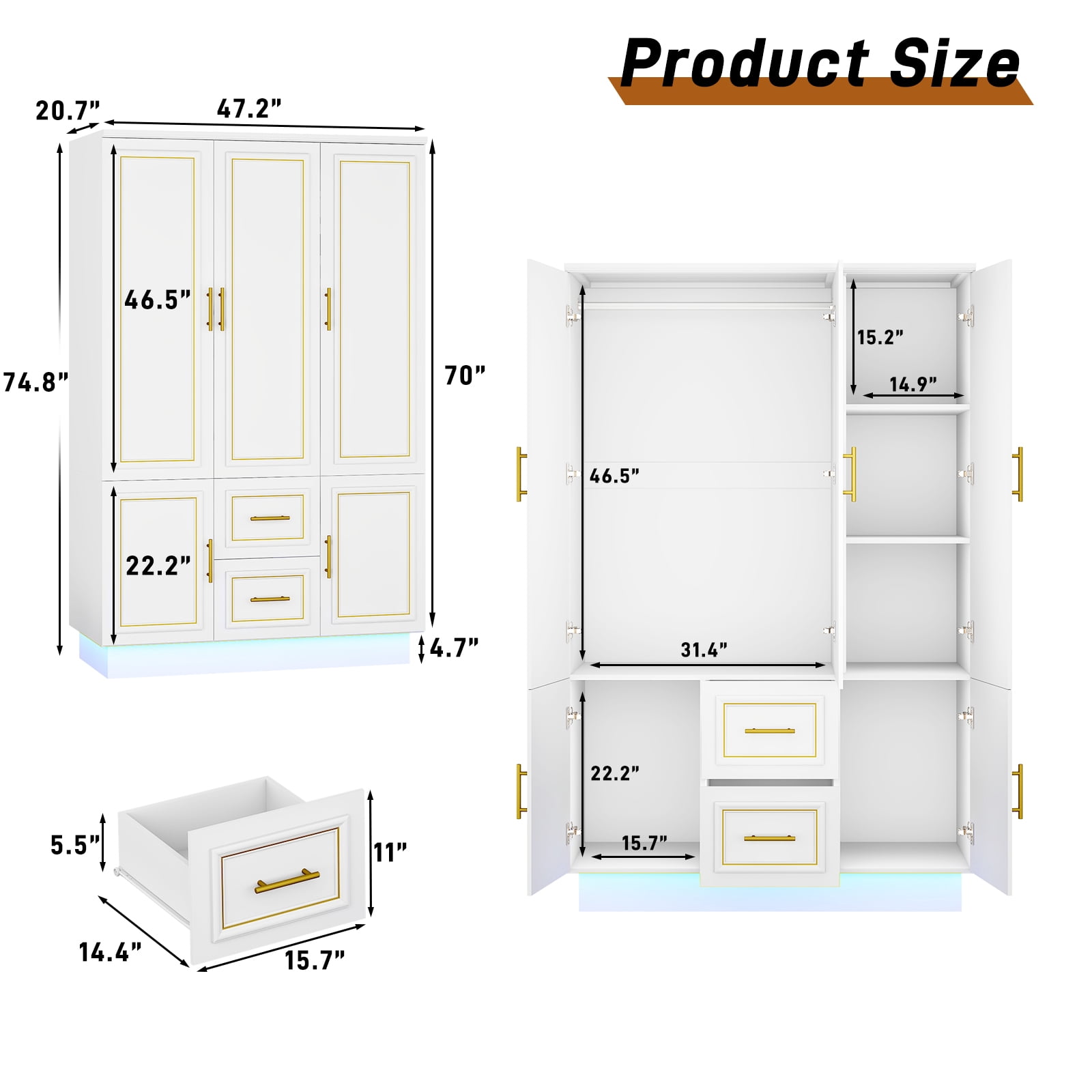 Blotout 75" Tall 3 Doors Armoire Wardrobe Closet with LED Lights, LED Armoire with Doors and Drawers, Wooden Armoire Storage Cabinet with Hanging Rod, Adjustable Shelves