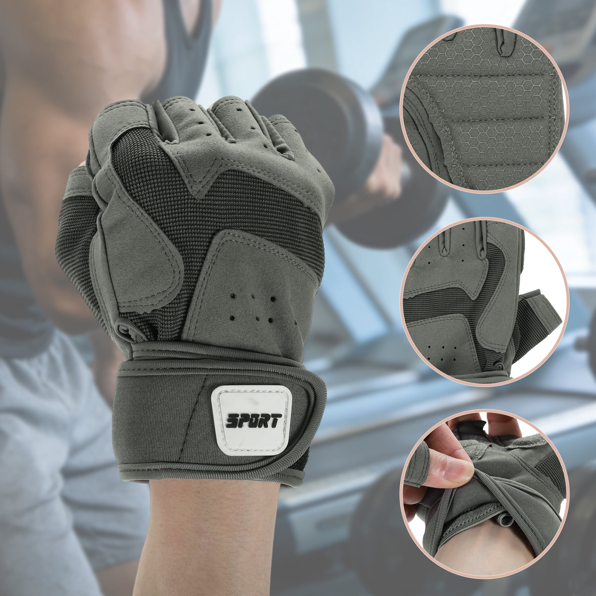 Unique Bargains Extended Wristband Half-finger Strength Training Sport Gloves Medium Gray
