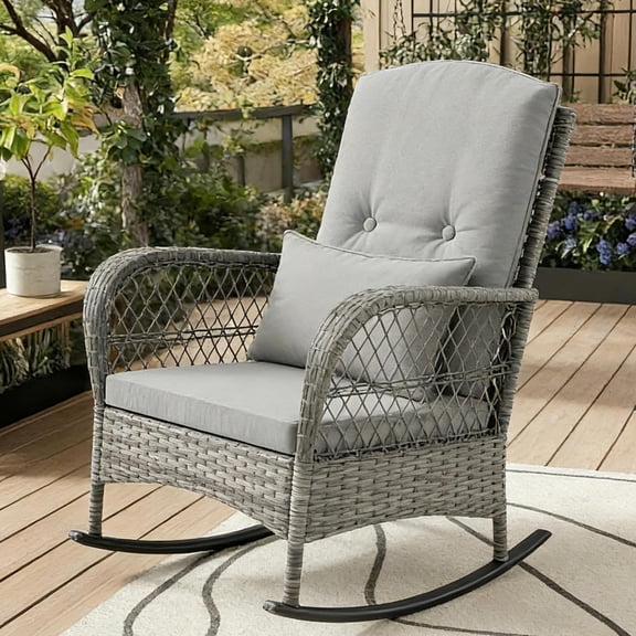1 PC Outdoor Rocking Chairs with Cushions & Pillows, Wicker Patio Bistro Set for Balcony Garden (Only One Chair)