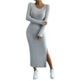 thumbnail image 3 of Women'S Fall Long Sleeve Casual Ribbed Knit Slim Fit Elegant Crew Neck Side Slit Maxi Dresses Light Gray S, 3 of 9
