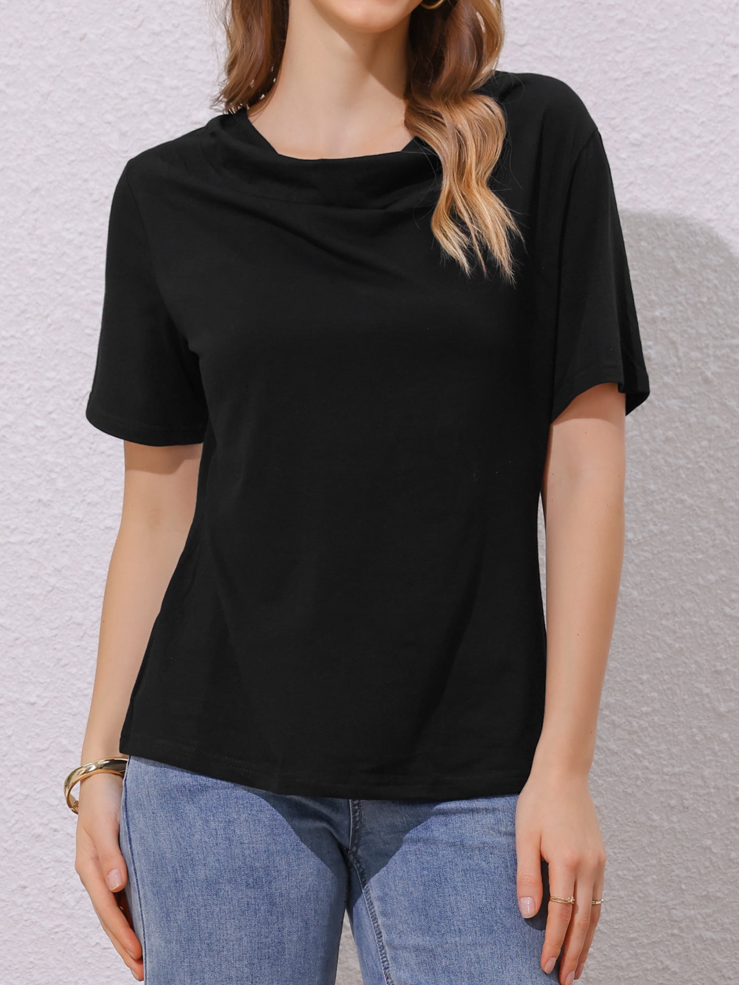 DARING DIVA Women's Cowl Neck Short Sleeve Casual Stretchy Blouse L Black