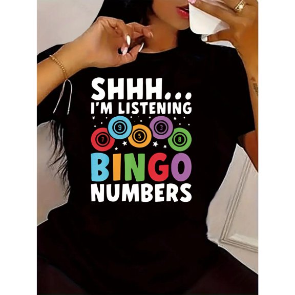 Women's Black "Shhh... I'm Listening Bingo Numbers" Statement Graphic Tee Plus Size S-5XL, Playful Printed T-Shirt, Casual Oversized Top for Bingo Enthusiasts & Bold Style Lovers