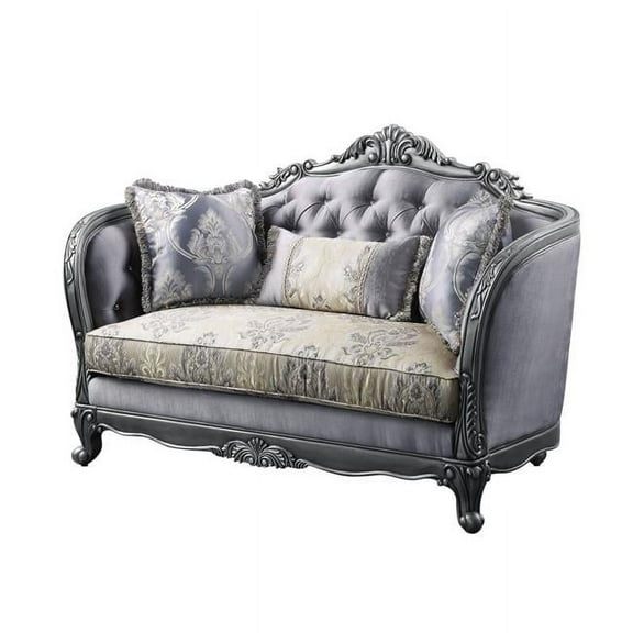 HomeRoots 515745 65 in. Silk Blend Love Seat & Toss Pillows, Gray, Silver Platinum