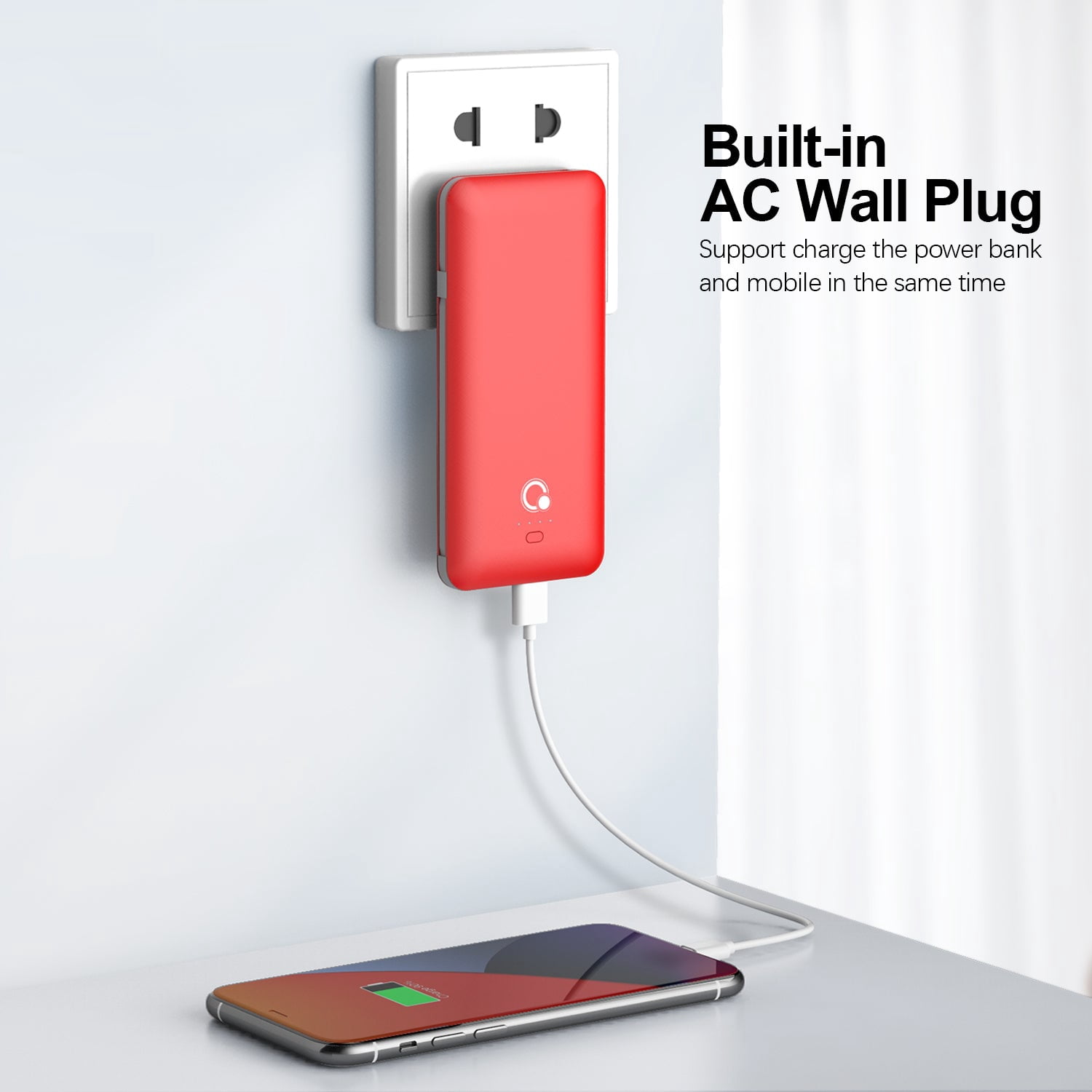 Q 10000mAh Portable Charger, Slim USB B C Power Bank,4 Output External Battery Pack with Built-in AC Wall Plug Micro and USB C Three Cables Compatible with All mobilephone