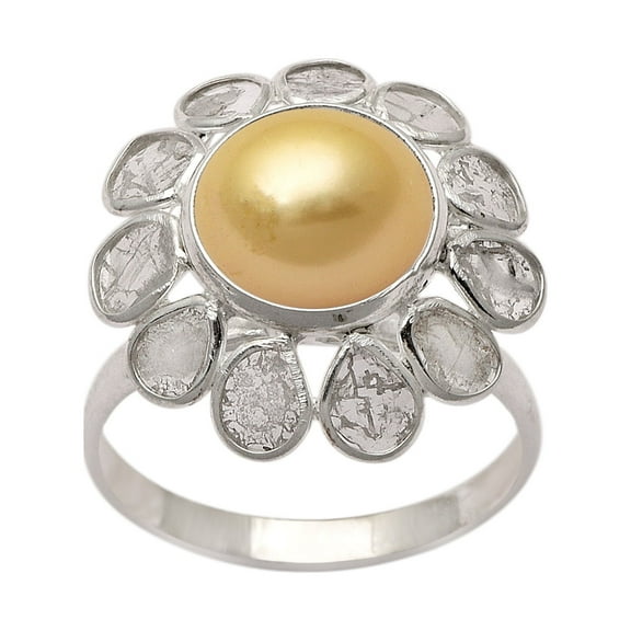 2.00 CTW Natural Diamond Polki Blue Pearl Flower Ring 925 Sterling Silver Women Valentines Day Gifts Jewelry