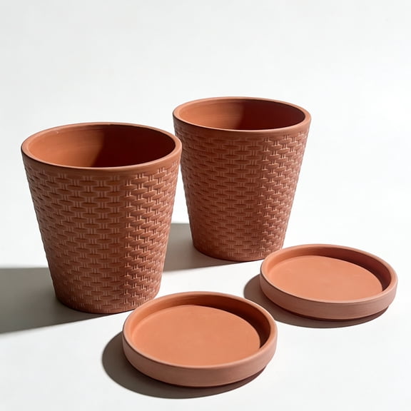 Clay flower pot, surface relief technology, 1 set of 2 flower pots and 2 trays, suitable for all kinds of flower planting, flower pot with drainage holes, suitable for interior decoration an