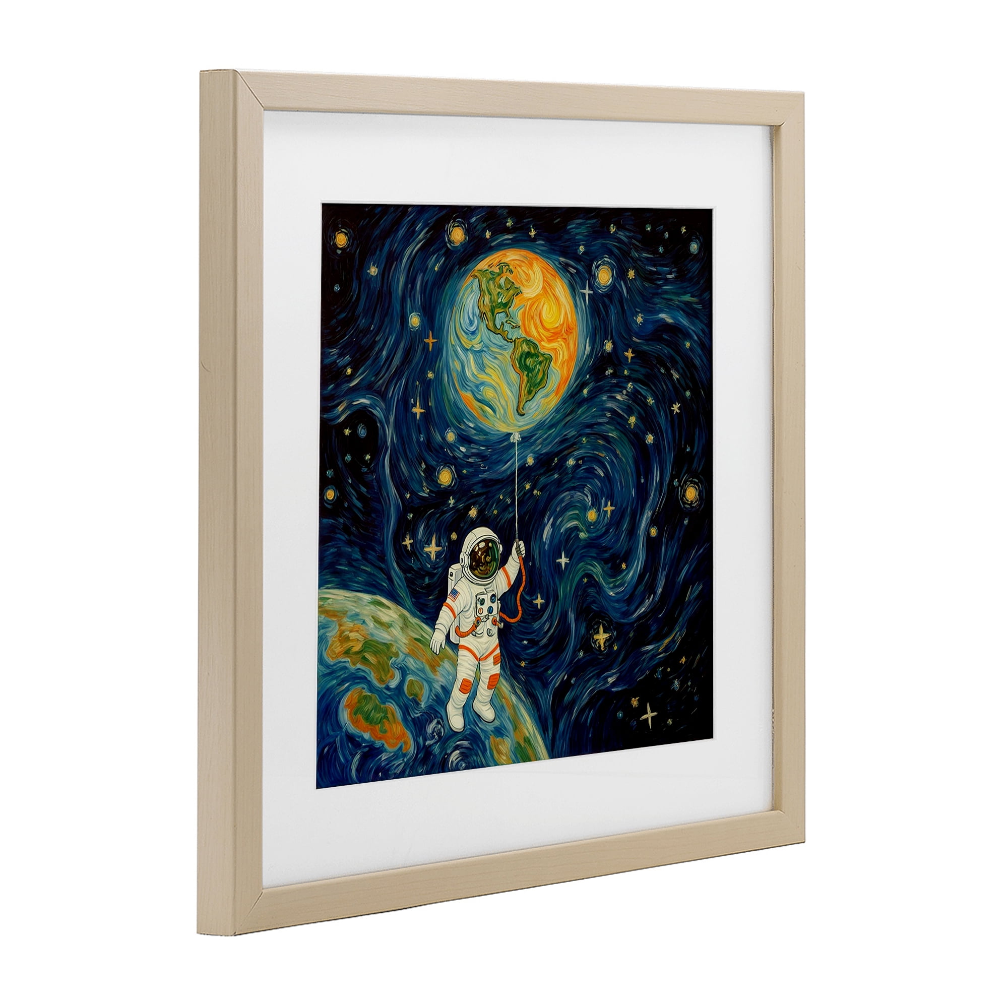 Astronaut with Earth Balloon Birch Framed Print Under Glass, design by Angie Hawke