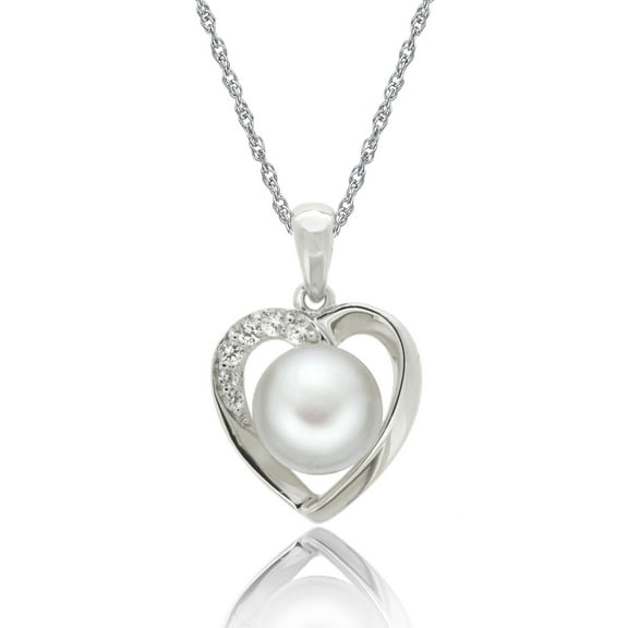 Brilliance 925 Sterling Silver Freshwater Pearl and Created White Sapphire Pendant with 18" Chain