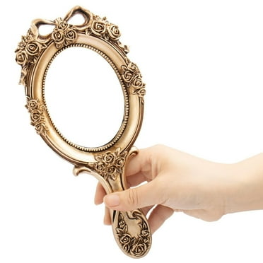 Handheld Mirror Vanity Makeup Mirror Travel Princess Metal Cosmetic Mirror Portable Embossed Mirrors Decorative（Gold）