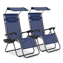MoNiBloom Zero Gravity Chair Set of 2 with Canopy Shade, Patio Folding Anti Gravity Recliner, Foldable Outdoor Lounger with Cup Holder Tray for Beach Camping, Navy Blue
