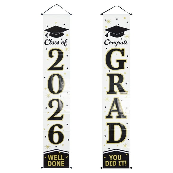 Bannière de porte en plastique noir, blanc et or (lot de 2), 25,4 cm x 152,4 cm, pour adulte, décoration, remise de diplôme, façon de célébrer