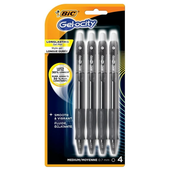 BIC Gel-ocity Original Retractable Gel Pen, Medium Point (0.7mm), Black Ink, 4-Count, Contoured Grip for Comfort and Control