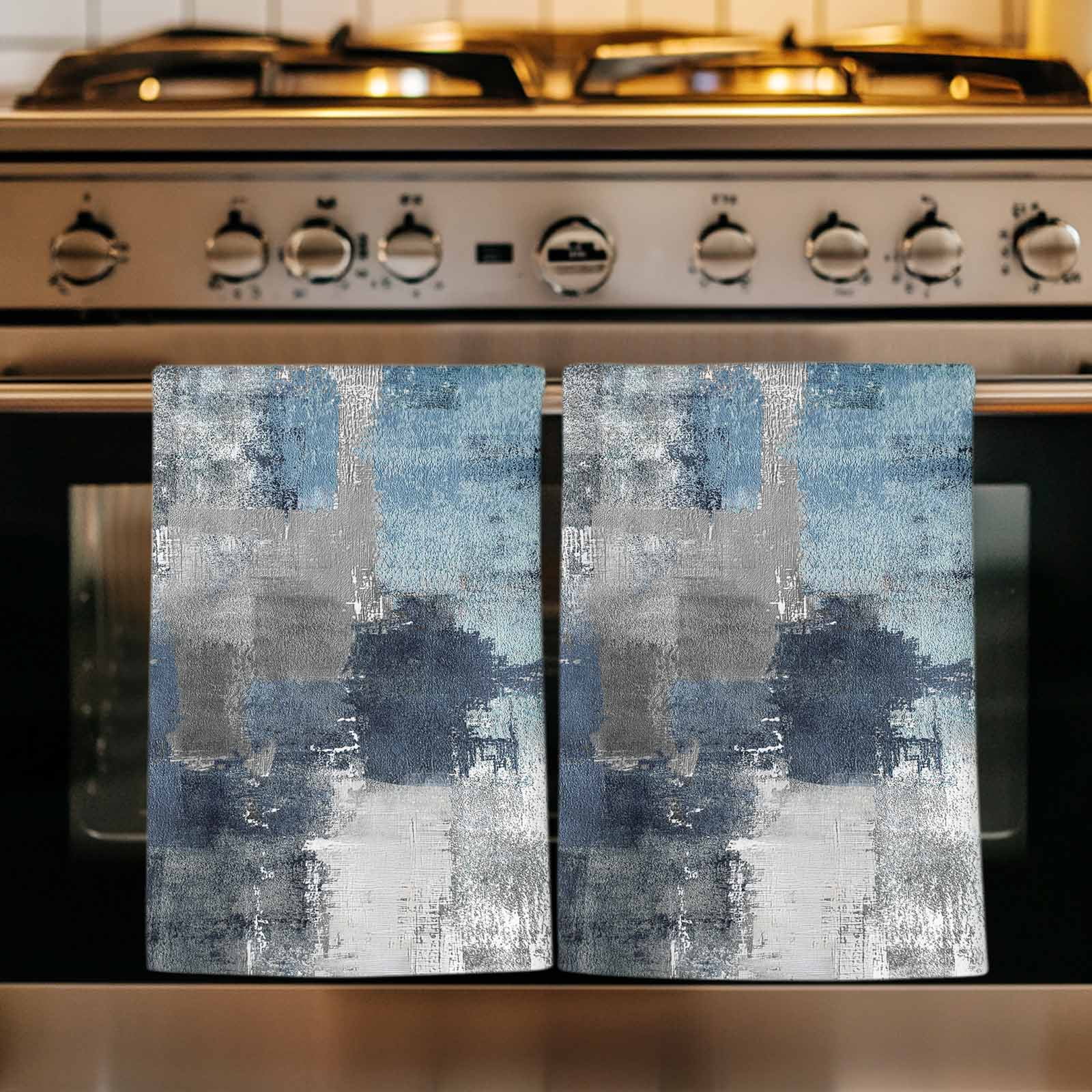 Navy Blue Grey Kitchen Towels Set of 2, Modern Oil Painted Abstract Art Aesthetics Soft Microfiber Dish Towels, Absorbent Washable Dishcloths for Kitchen Cleaning, Drying Dishes, 18x28 Inches
