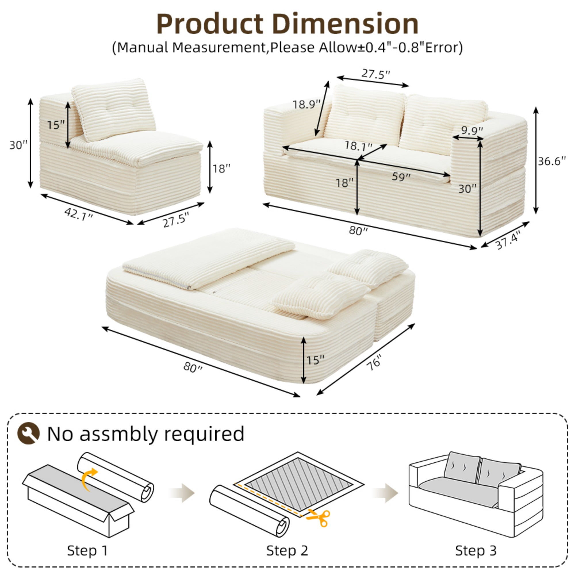 80" King Size Convertible Sleeper Sofa Bed with Independent Chaise Lounge,Multifunctional Plush Corduroy Sectional Sofa Couch for Living Room,Bedroom,Beige