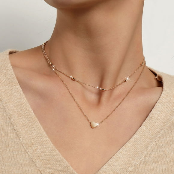 Elegant Heart Pendant Layered Necklace with Sparkling Zircon Beaded Chain Jewelry for Women and Girls