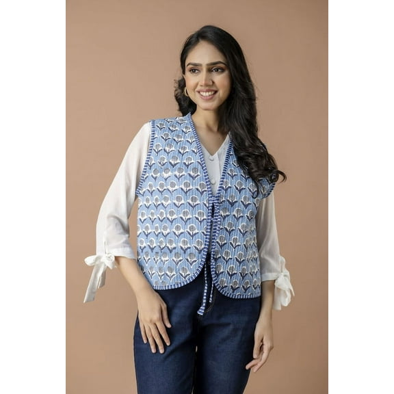 NITIN TEXTILES Women’s Handmade Quilted Vest – Neutral Floral Block Print with Adjustable Front Ties