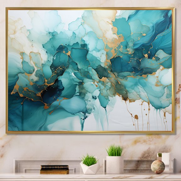 Designart "Teal Gold Fractal Mystic Mirage III" Modern Floater Framed Wall Art Print