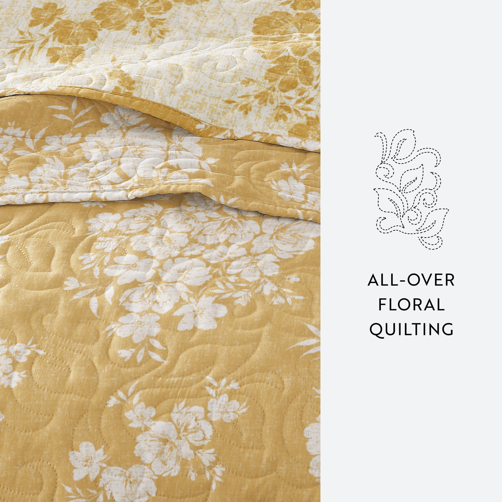 Noble Linens 3-Piece Mustard Distressed Bouquet Reversible Quilt Set, Queen