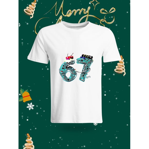 Fashion Funny Christmas Elf Pattern T-Shirt, Fun "SIX SEVEN BRUH" Text Print Casual Top. This unique T-shirt features a cute elf character doing a dabbing pose, adorned with Christmas lights and wear