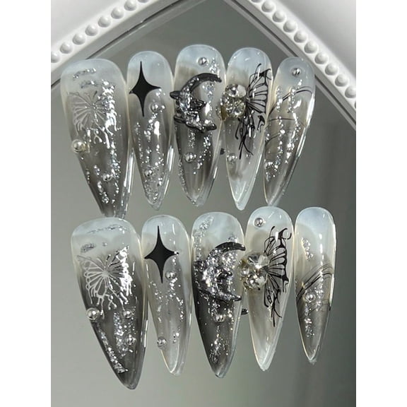 10Sheet Pack Pure Handmade Press-On Nails Long Pointed Nails Almond Nails Black Star Moon Glitter Decoration Gold Butterfly Deta