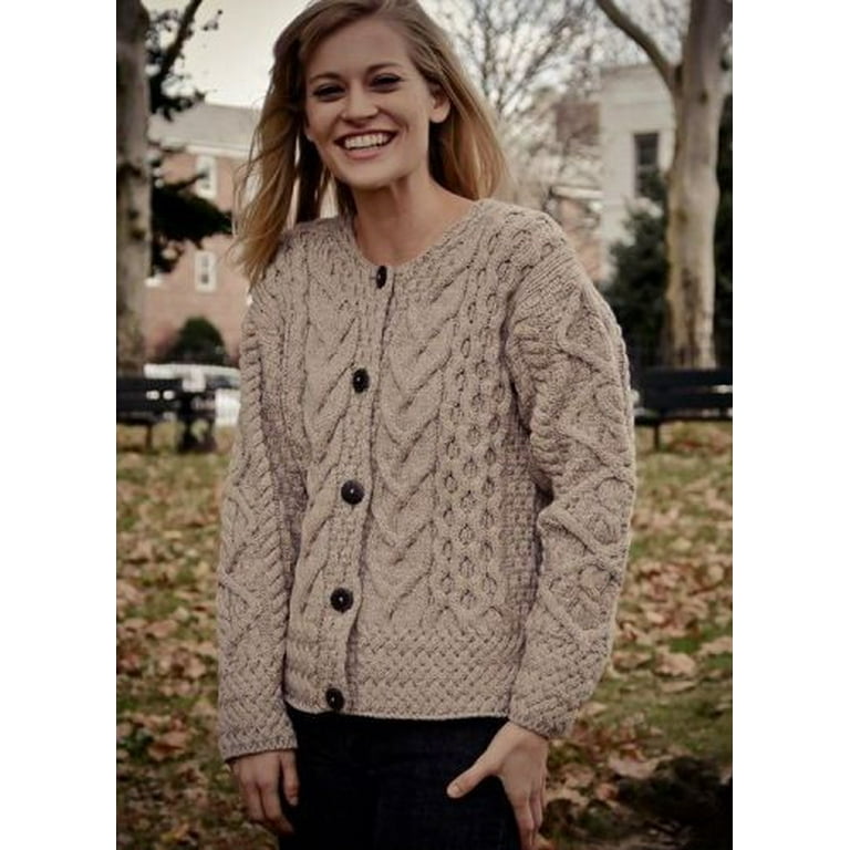 Aran Woollen Mills Button Up Cable Knitted Cardigan Sweater 100% Premium  Soft Merino Wool Women`s Jacket Made in Ireland
