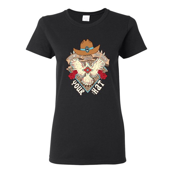 Wild Bobby Home Is Where You Hang Your Hat Country Eagle Pop Culture Women Graphic Tee, Black, Small