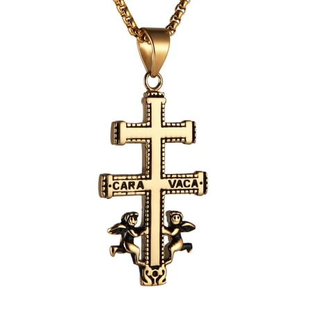 HZMAN Religious Stainless Steel Cruz De Caravaca Double Cross with Angels Pendant Necklace (Gold / Big)
