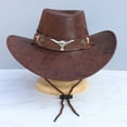 thumbnail image 3 of Txmasen Vintage Western Cowboy Hat Ox Head Belt Rivet Fedora Hats for Men Women Outdoor Travel Wide Brim Faux Leather Cowgirl Sun Caps, 3 of 9
