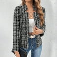 thumbnail image 2 of Tweed Plaid Blazer Jacket for Women Full Sleeve Stand Collar Open Front Cardigan Outerwear Black M, 2 of 6