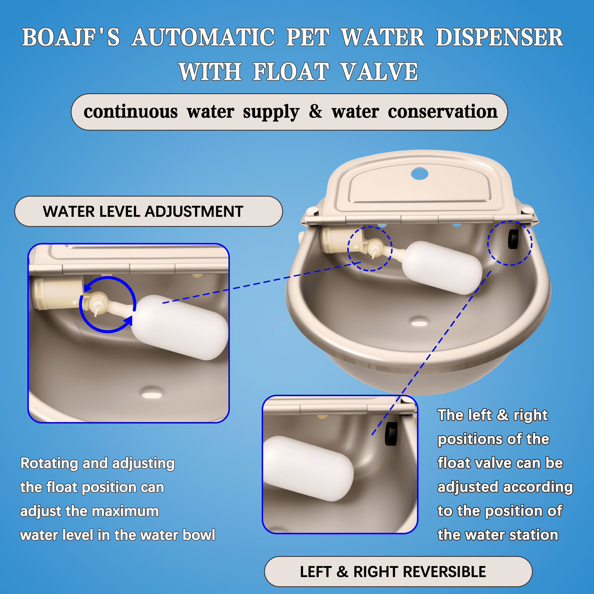 Boajf Automatic Dog Water Dispenser 1 Gallon with Drainage System & Auto Refill, 304 Stainless Steel, Includes Waterer, Drainage Water Valve, 2 Float Valve, Hose Quick Connector, for Horse, Chicken