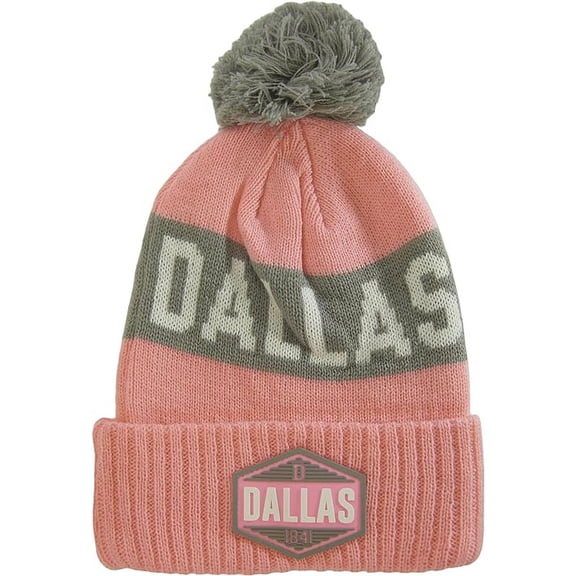 Dallas City Name Winter Knit 3D Rubber Patch Pom Beanie Hat (Pink/Gray)