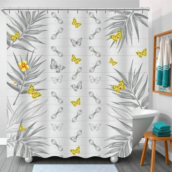 Tropical Leaves Shower Curtain with Yellow Butterflies - Gray & White Design for a Stylish Bathroom