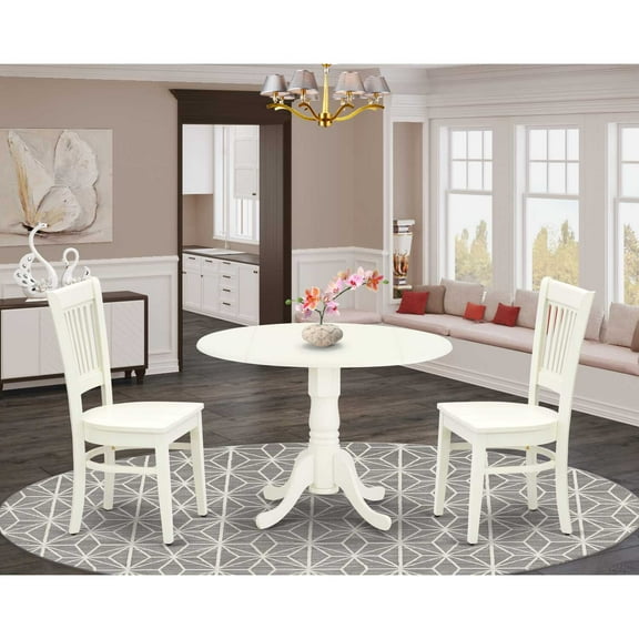 East West Furniture - DLVA3-LWH-W - 3-Piece Dining Table Set- 2 Kitchen Chairs with Wooden Seat and Slatted Chair Back - Drop Leaves Dining Table - Linen White Finish