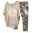 thumbnail image 2 of Dazajoo Summer 2 Piece Sets for Women Cotton Linen Round Neck Half Sleeve Graphic Tees and Camo Capri Pants Suits 2025 Dressy Casual Loungewear,Khaki,M, 2 of 3