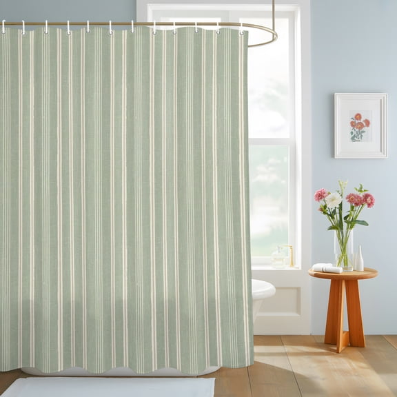 Sage Green Striped Shower Curtain, Minimalism Stripes Modern Vintage Farmhouse Waterproof Washable Shower Curtain for Bathroom Bathtub Partition Bath Decoration Set with Hooks 48x72in