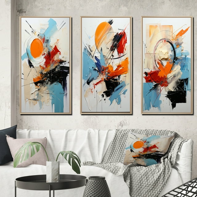 Designart "Serene Cerulean Abstract in Fragile Wisdom V" Abstract Painting Framed Wall Art Set Of 3 - Blue Modern Frame Gallery Set For Office Decor