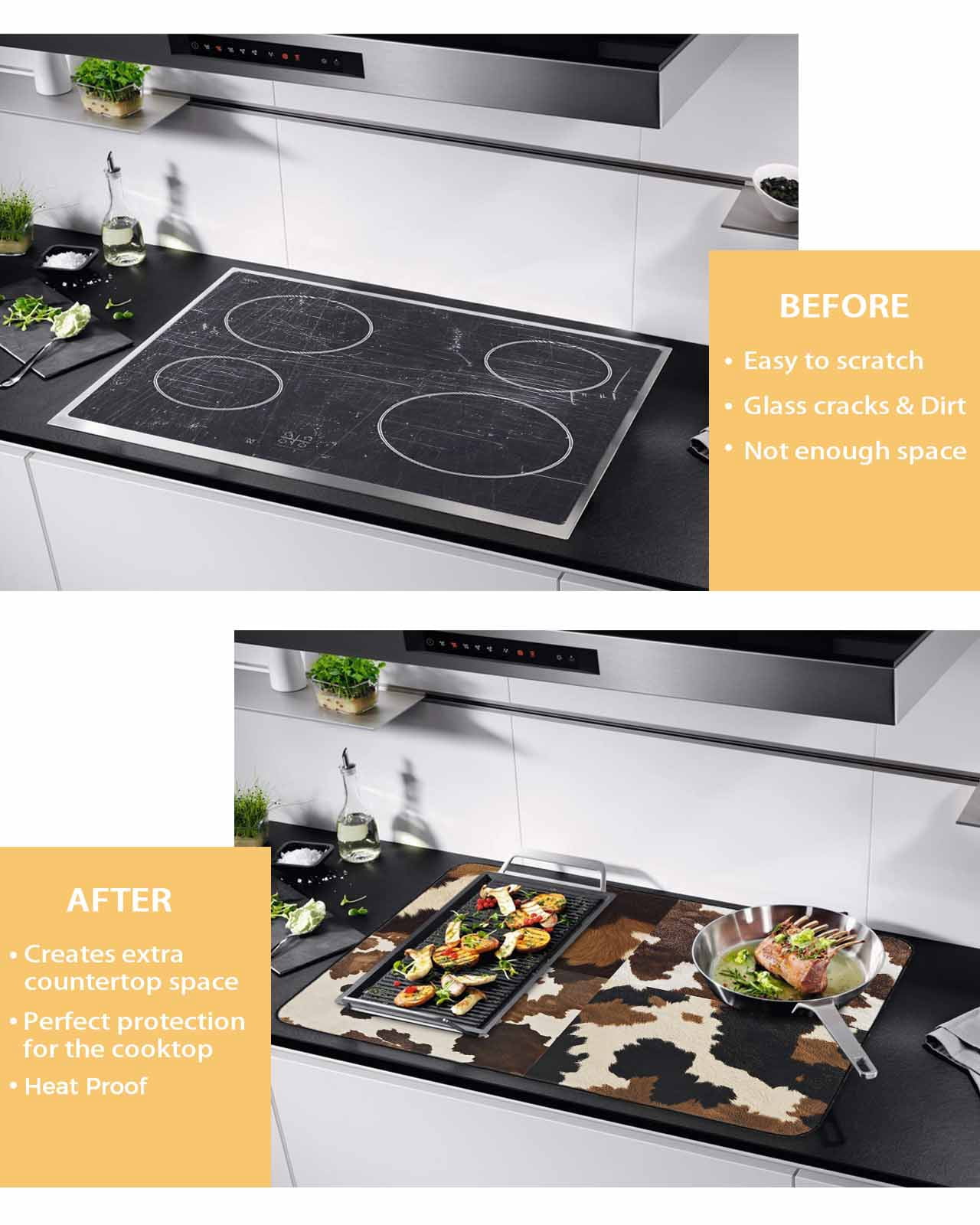 nqOlkjepod Large Induction Cooktop Protector Mat 36"x21", Cow Patterned Stove Top Covers for Electric Stove, Vintage Farmhouse Abstract Country Western Stove Burner Cover Mats, Glass Top Stove Cover