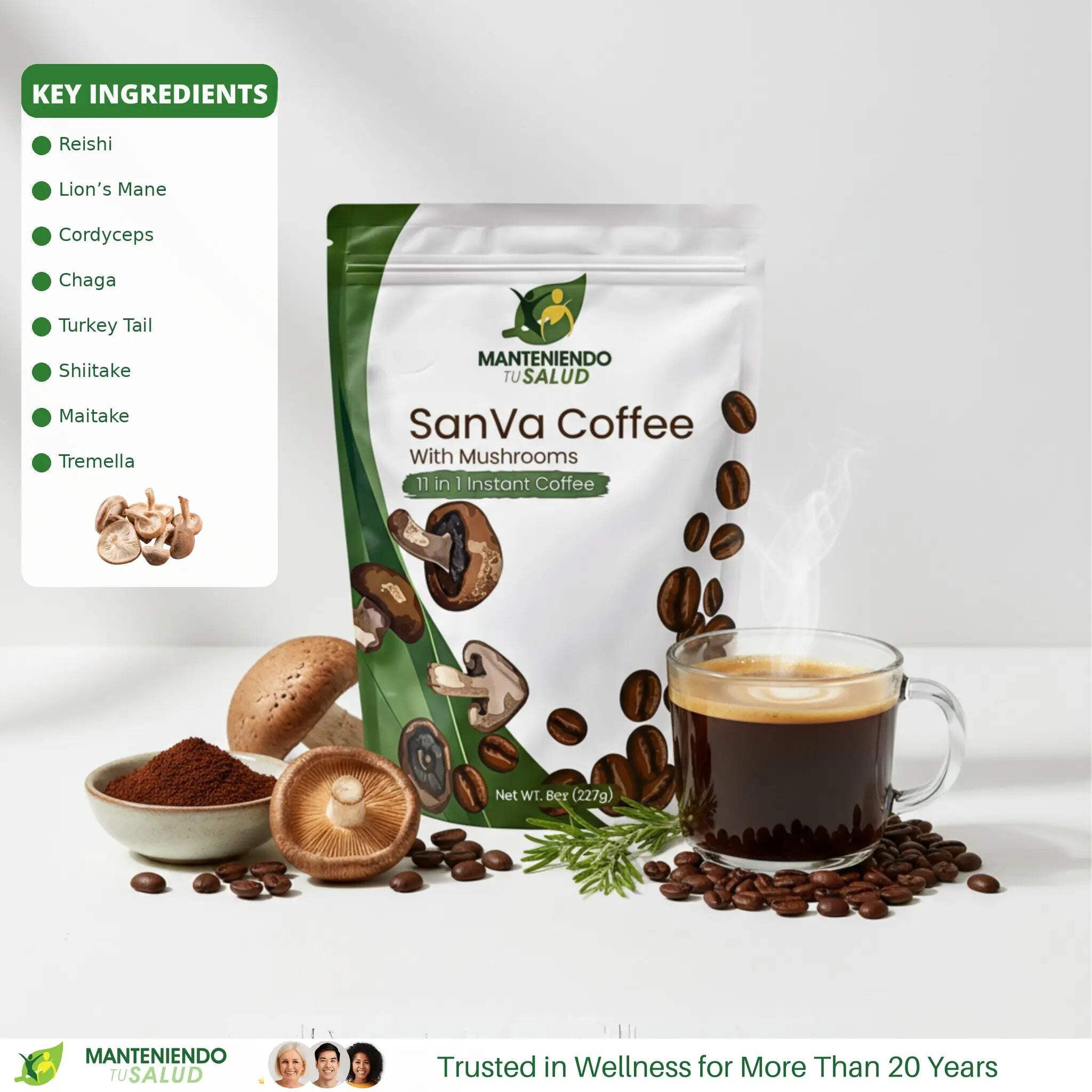 Manteniendo Tu Salud Instant Coffee with 11 Mushrooms Gluten-Free Naturally Caffeinated 8 Oz