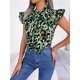 thumbnail image 5 of Blusa con estampado de leopardo y volantes con lazo y mangas cortas para fiestas y viajes de verano en color verde, 5 of 8