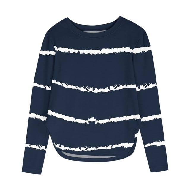 T-shirts Bleu Marine Garçon Fille Enfants Garçon Fille Sortie T-Shirts Manches Longues Tee Hauts pour Enfant Col Rond Graphique Tunique Ajustée Rayée avec Fente Automne Été Chemises 2025 Vêtements 3 Ans