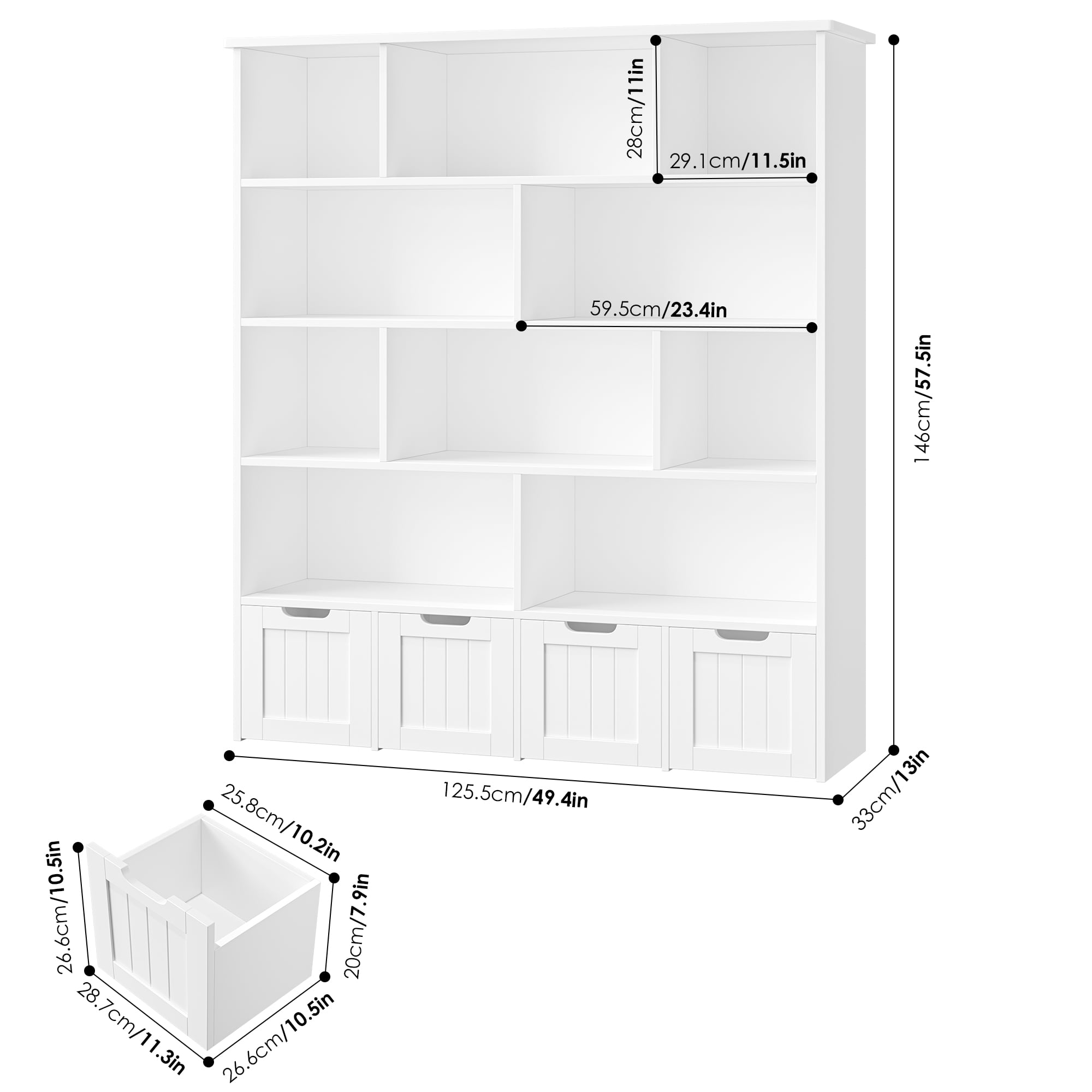 Homfa 10 Cube Toy Storage Organizer, 57.5" Tall Bookcase with 4 Removable Drawers,Bookshelf for Kids Room Living Room, White