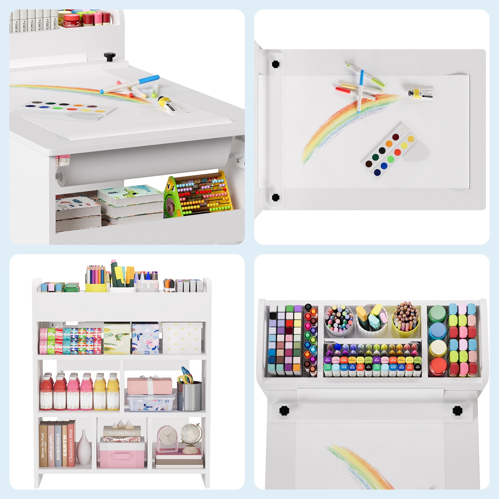 Kids Art Table and Chair Set with Storage Shelves & Paper Roll – Large Wooden Craft & Activity Desk for Drawing, Painting, Learning, Reading – 3-Piece Set – White